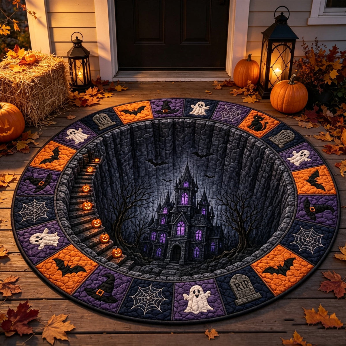 3D Round Halloween Doormat Set – Witch Hat Black Cat & Pumpkin Skull Design, Non-Slip Polyester Entry Mat For Indoor/Outdoor, Spooky Cute Fall Decor, Perfect Gift For Halloween Lovers (72X72")