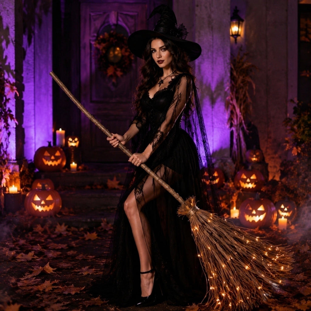 Halloween Light-Up Witch Decoration, Glowing Broomstick Prop with Built-in LED Lights, Sturdy Iron Frame for Indoor Outdoor Party Decor, Ready-to-Display Festive Accent for Haunted House