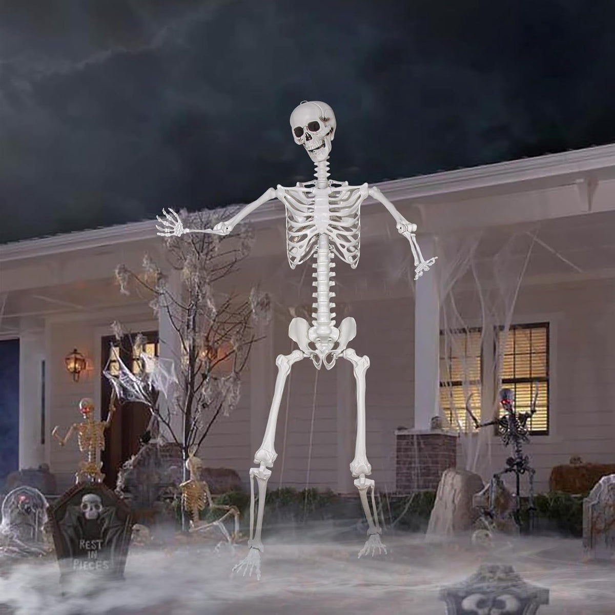 5.5ft Halloween Skeleton, Tall Outdoor Skeleton with Full Body Posable Joints, Scary Plastic Large Skeleton for Halloween Haunted House Spooky Scene Decorations