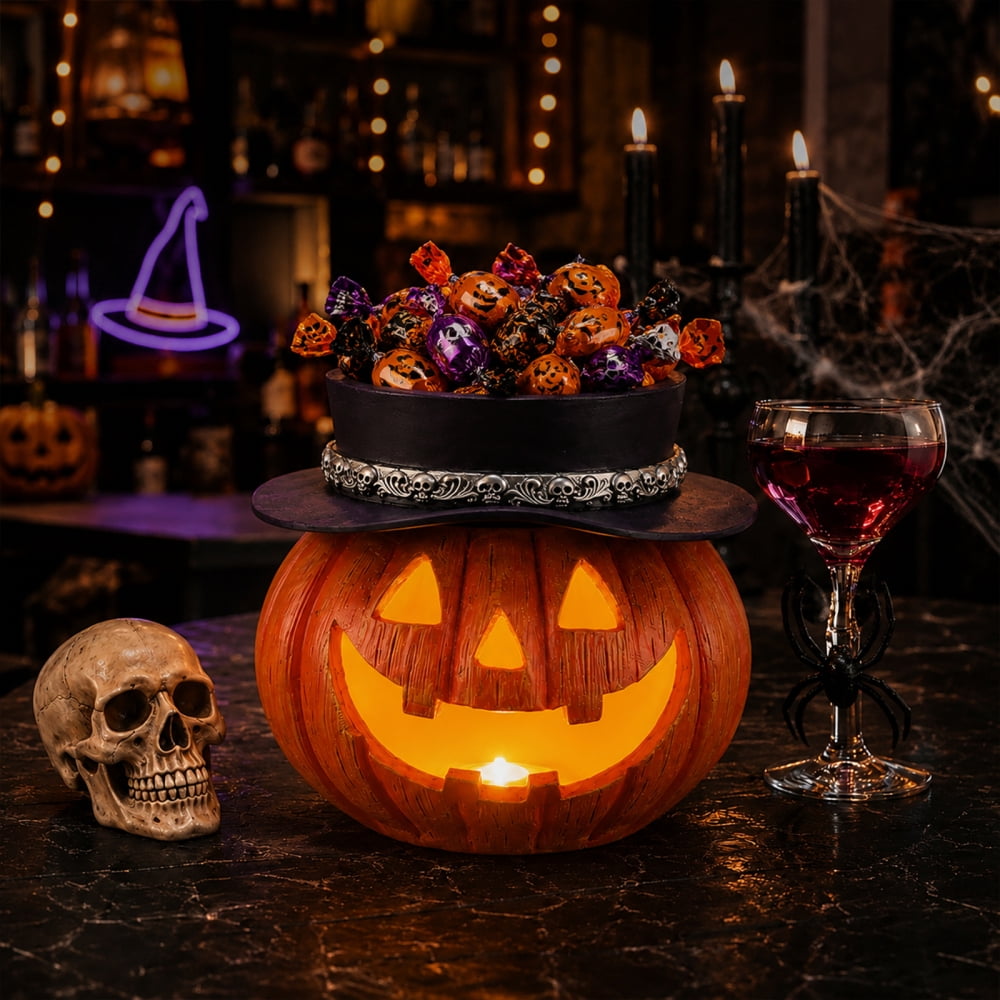 Light Up Pumpkin Candy Bowl with Witch Hat, LED Jack O Lantern Tabletop Decor, Spooky Resin Storage Container for Home Halloween Party