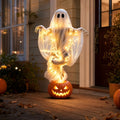 51 Inch Halloween Floating Ghost Pumpkin Light, Light-Up Gauzy Ghost with Skeleton Hands for Outdoor Yard, Porch, Patio, Spooky Party Displays, Events, and Gifts