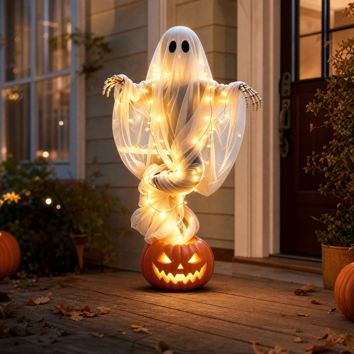 51 Inch Halloween Floating Ghost Pumpkin Light, Light-Up Gauzy Ghost with Skeleton Hands for Outdoor Yard, Porch, Patio, Spooky Party Displays, Events, and Gifts