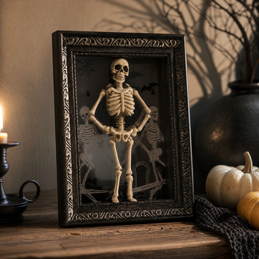 Halloween Dancing Skeleton Photo Frame 11.8 x 7.8in 3D Resin Light Up Spooky Skeleton Figurine Table Display Decor for Party Home Tabletop