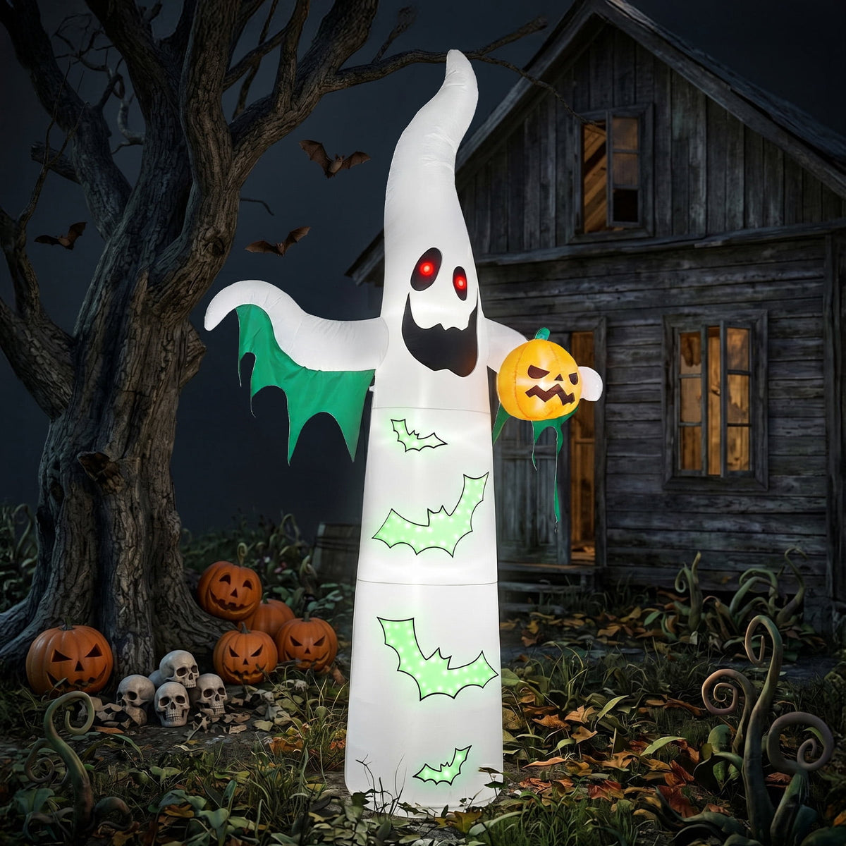 12ft Halloween Inflatable Ghost Bat Ornament with 4 LED Lights 82 String Lights