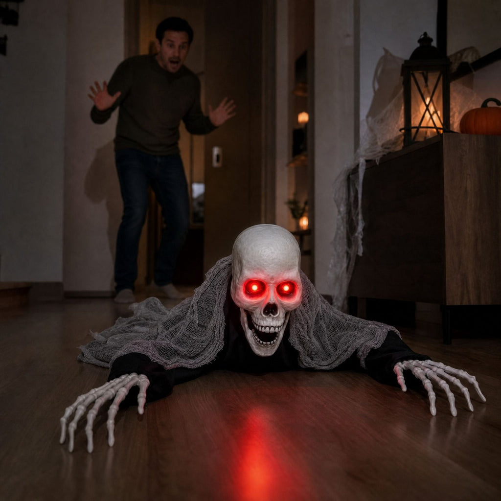Sound Activated Crawling Skeleton Prop 90 cm, Halloween Moving Head and Hands with Glowing Red Eyes and Sounds, Battery Operated Indoor Outdoor Decor