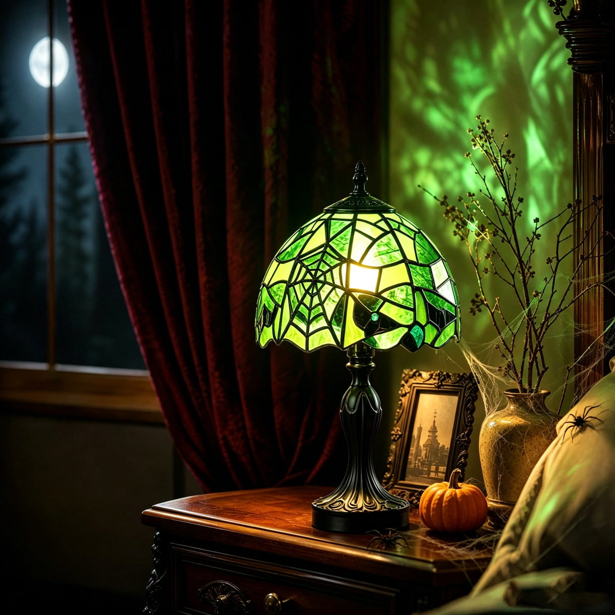 Vintage Style Glass Spiderweb Halloween Lamp, 8" Handmade Spiderweb Pattern Gothic Resin Desk Light, Halloween Decorations Indoor for Bedroom, Living Room, Office (Green)