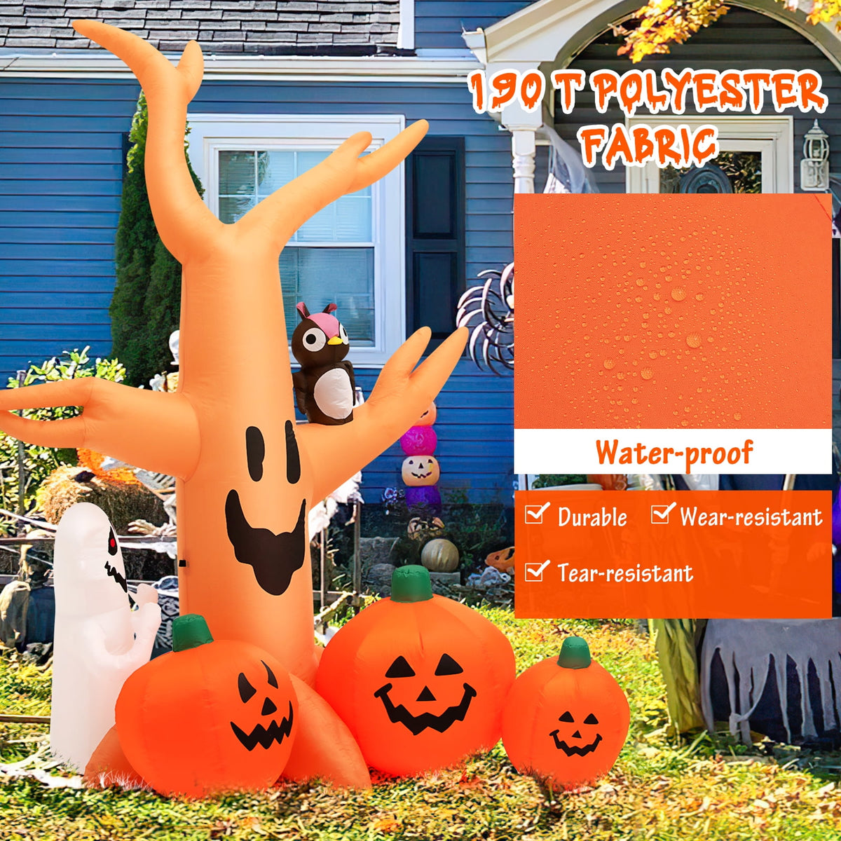 Topbuy 8FT Halloween Inflatable Decoration, Blow Up Dead Tree w/ Waterproof Air Blower Built-in LED Lights 2 Ropes & Stakes Holiday Decor w/ Ghost Owl Pumpkin for Yard Garden Lawn