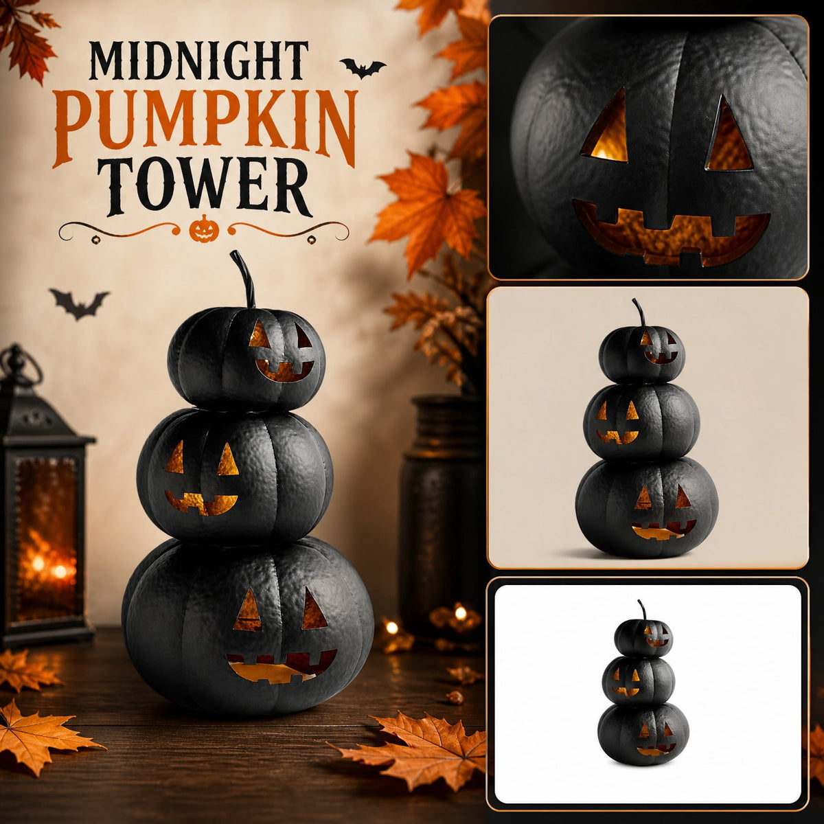 Halloween Lit Stacked Hammered Jack-O'-Lantern, 3 Tiers Black Jack O Lanterns Light up Pumpkins with LED Candles Decoration, Bundle Pre-lit Pumpkin Lights for Halloween Indoor Outdoor Yard Decor