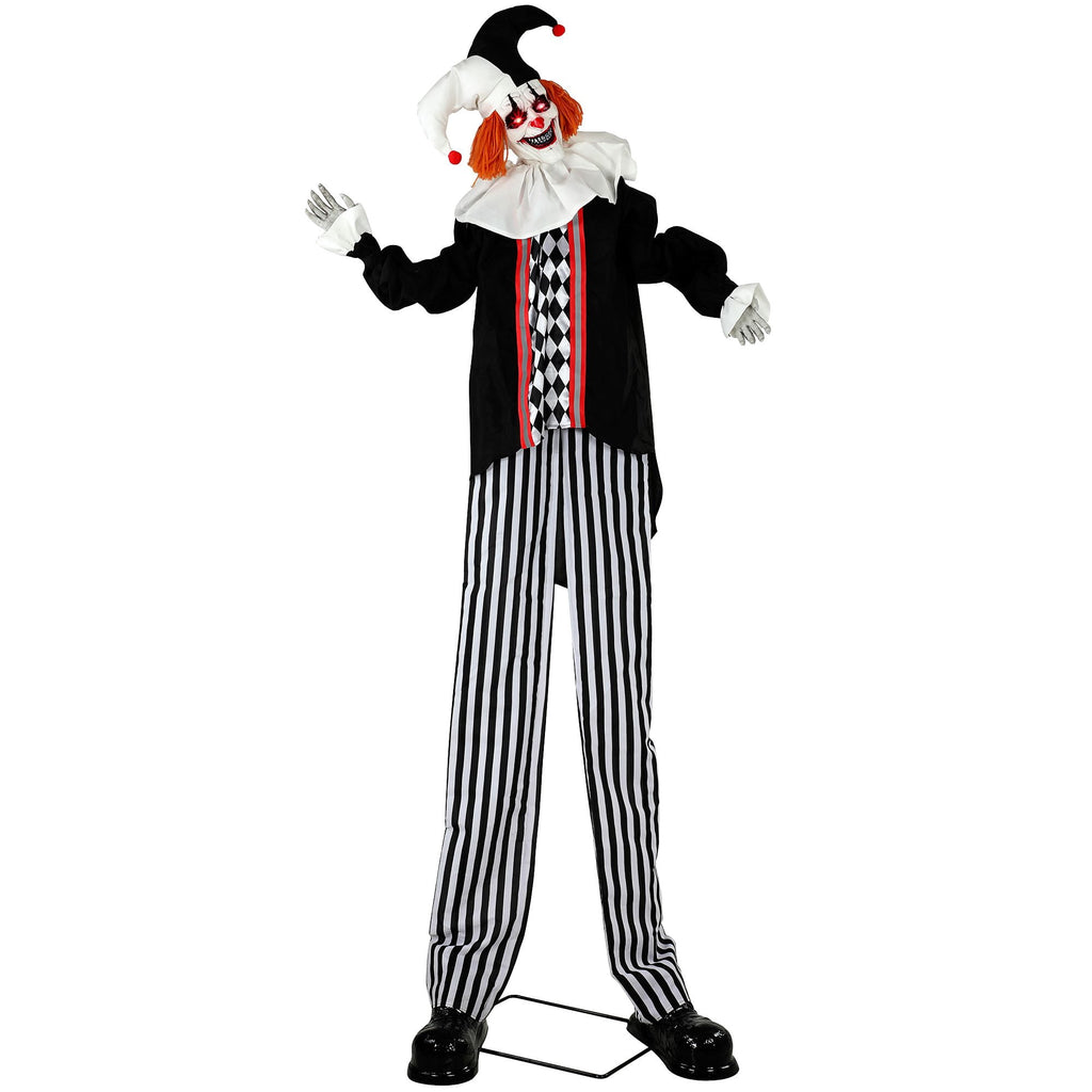 Halloween Animatronic Prop, 106.3 Inch Giant Animated Clown with Sound and Touch Activation, LED Eyes and Moving Arms for Indoor or Covered Outdoor Use