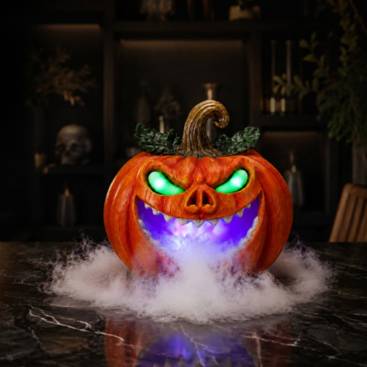 SpookHaven Halloween Jack‑O‑Lantern Pumpkin Mist Sprayer Figurine, LED Light‑Up Fogger with Witch Hat & Skull Decoration, Spooky Ornament for Tabletop Entryway Halloween Party Home Decor