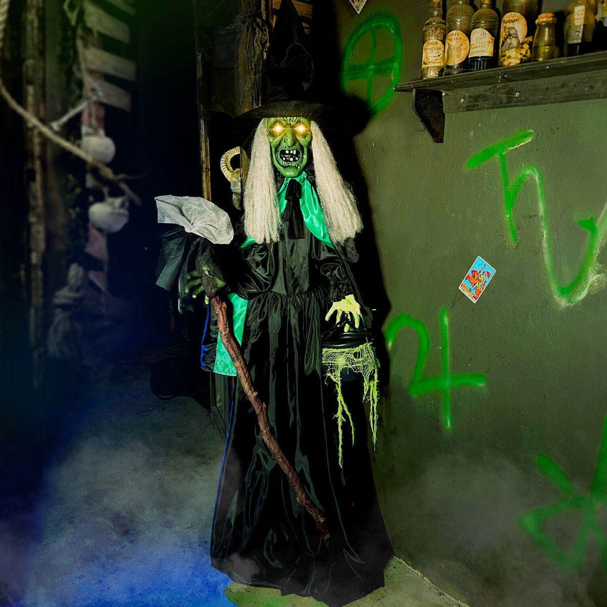 Haunted Hill Farm 6.0-Ft. Touch-Activated Mounted Flying Witch Halloween Animatronic