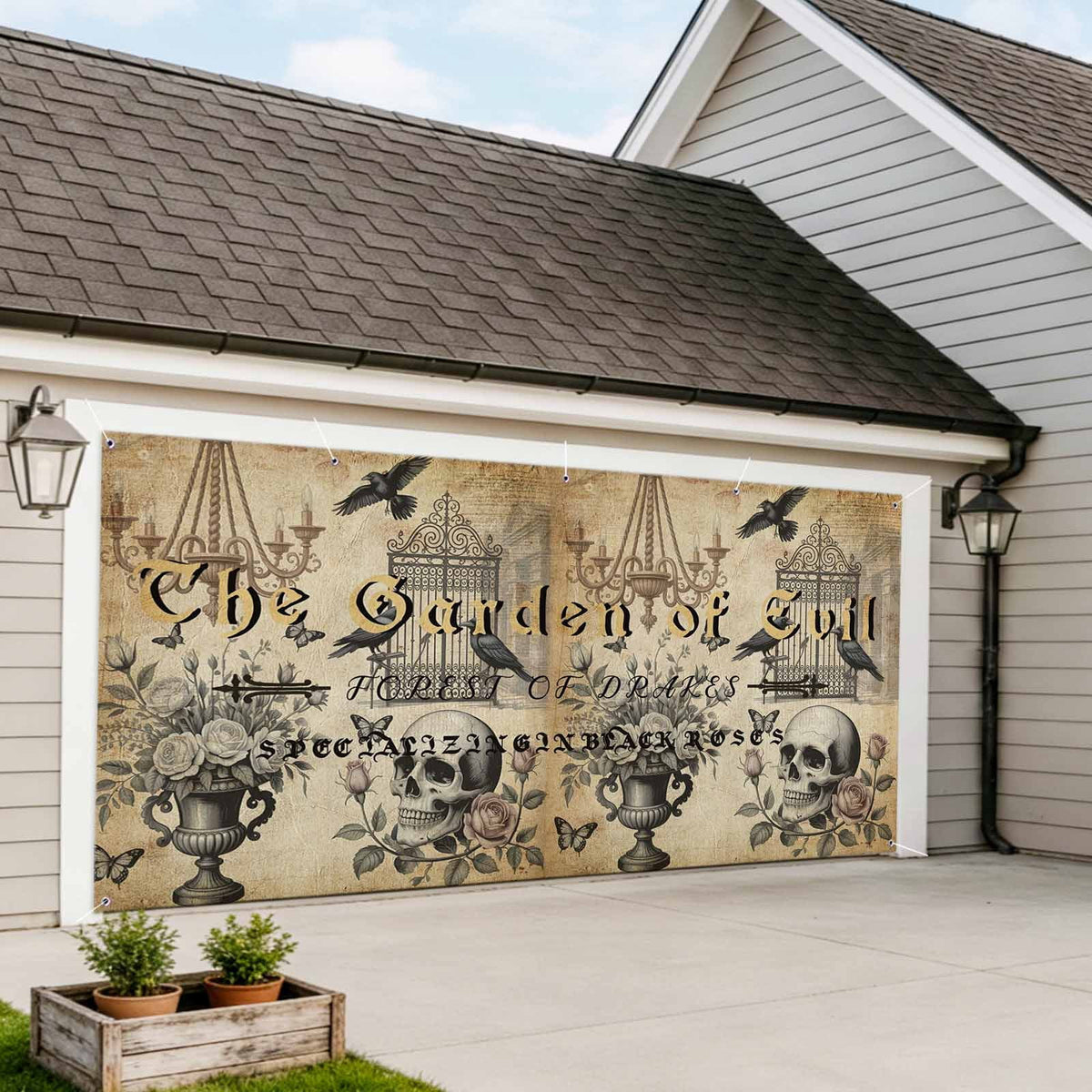 Vintage Skeletons Head Garage Door Banner Cover 7 x 16 ft Crows Halloween Rose Flower Candle Holders Garage Door Decoration Hanging Garage Door Cover Backdrop Wall Decoration for Outdoor Home Party