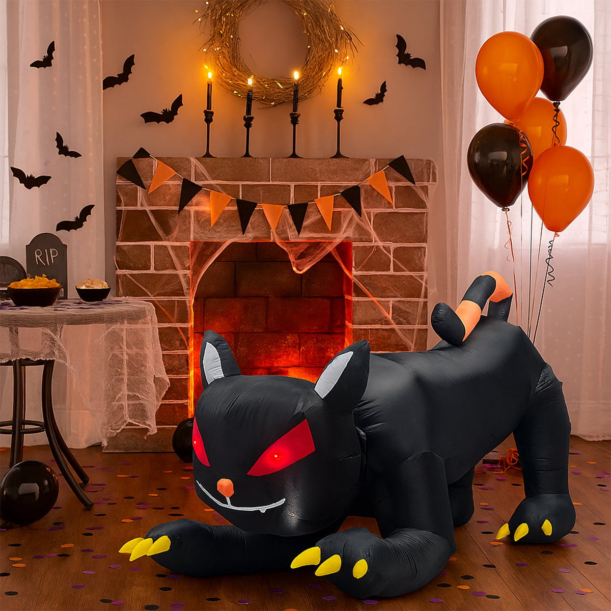 6.5ft Animated Halloween Inflatable Black Cat with Moving Head and LED Lights for Yard Decor
