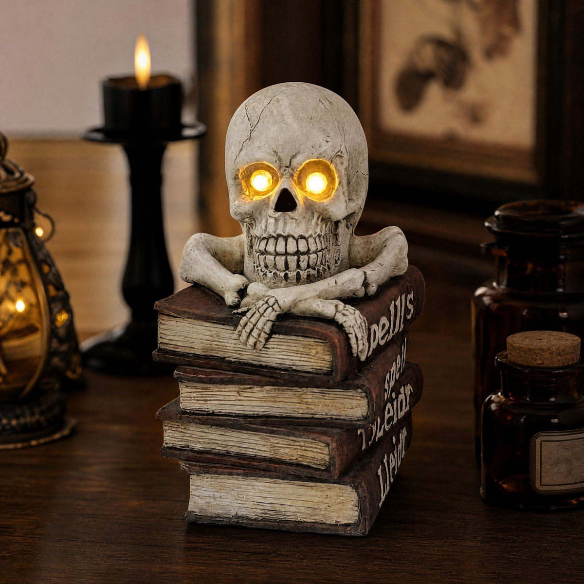 Halloween Light Up Skull Decoration Glowing Eyes Skeleton Figurine on Spell Books, Spooky Creepy Statue for Home Party Tabletop Decor