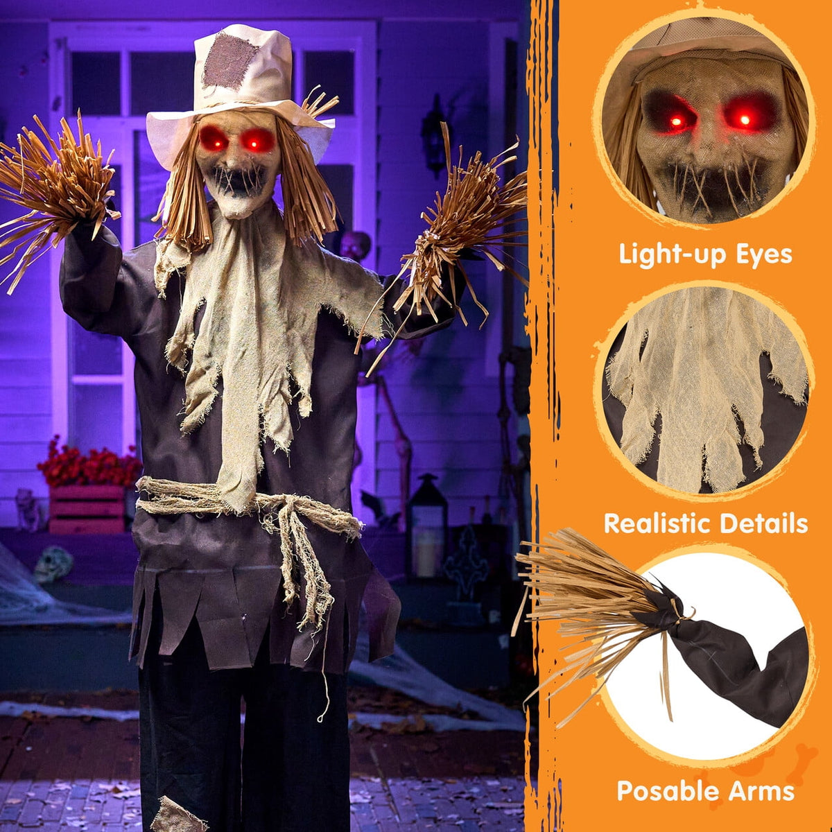 Joyfy 67"(5.6ft) Standing Grim Reaper with Chain, Large Halloween Decorations Outdoor, Life Size Animatronics Skelton, Sound-Actived Party Decor with Creepy Sound & LED Eyes, Scary Haunted House Prop