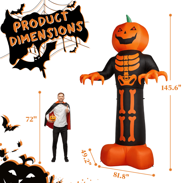 COTINSE 12 FT Halloween Inflatable Grim Reaper with Skeleton Ribs and Pumpkin, 3 LEDs and 115 String Lights, Outdoor Yard Decor
