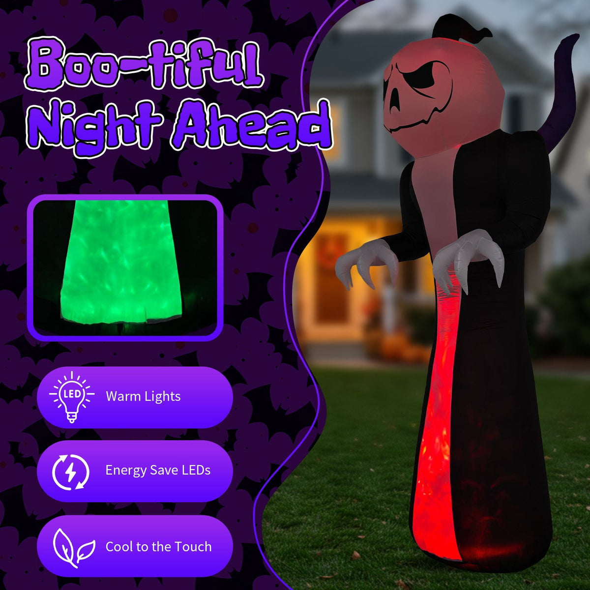 12FT Inflatable Grim Reaper with Jack-O-Lantern Pumpkin Head 3-Color Flame LED Halloween Yard Decor