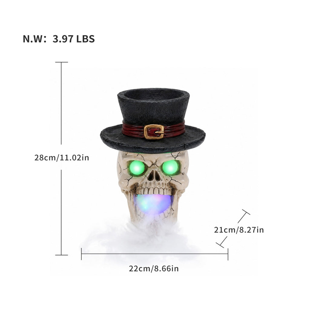 SpookHaven Halloween Jack‑O‑Lantern Pumpkin Mist Sprayer Figurine, LED Light‑Up Fogger with Witch Hat & Skull Decoration, Spooky Ornament for Tabletop Entryway Halloween Party Home Decor