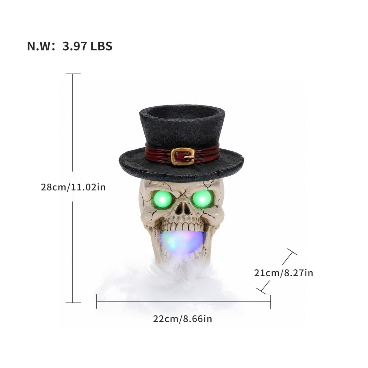 SpookHaven Halloween Jack‑O‑Lantern Pumpkin Mist Sprayer Figurine, LED Light‑Up Fogger with Witch Hat & Skull Decoration, Spooky Ornament for Tabletop Entryway Halloween Party Home Decor