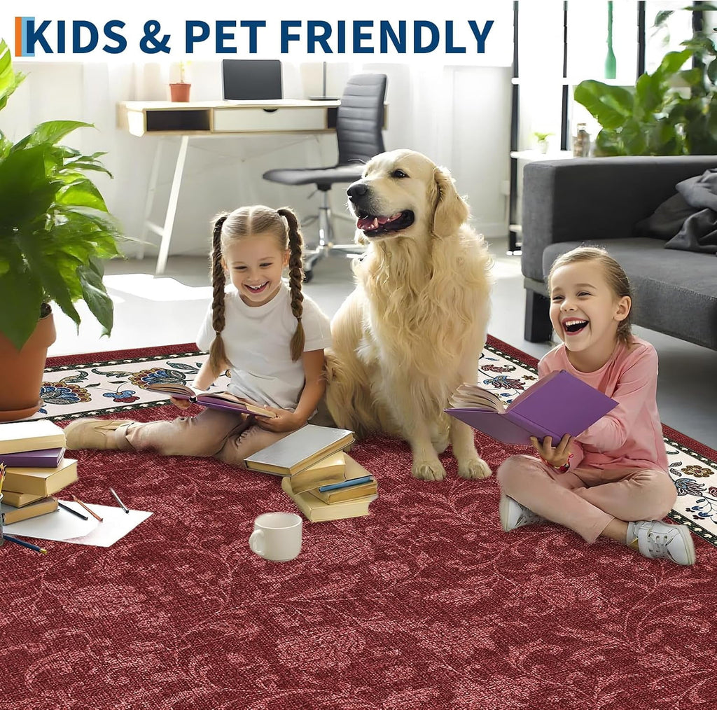 Large Living Room Rug 10x13 Non-Slip Floral Indoor Carpet Washable Floral Bordered Floor Mat Low Pile Non-Shedding Foldable Neutral Bedroom Rugs for Dining Room Nursery Home Office Red