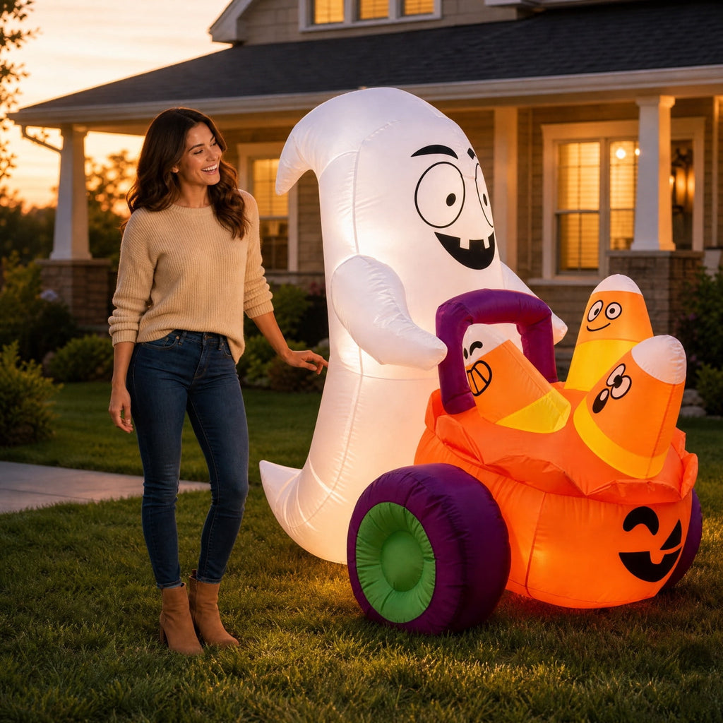 HHJZPR Halloween Inflatable Ghost Driving Pumpkin Cart Yard Decor, 59.06in Built-in LED Light Blow Up Candy Corn Pumpkin Trolley Outdoor Lawn Holiday Ornament