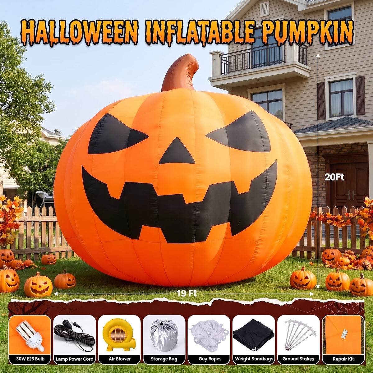 BPMIO 20FT Halloween Giant Inflatable Pumpkin Outdoor Yard Decoration with 550W Blower, 420D Oxford UL-Certified LED Light for Garden Commercial Party