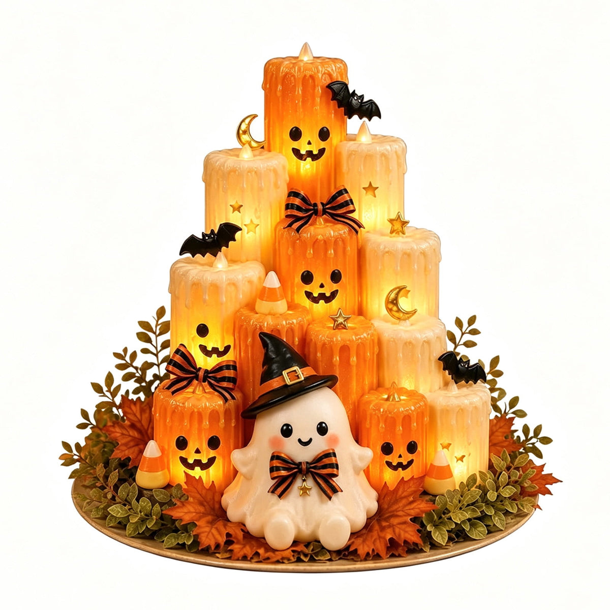 Gaecuw Halloween Ghost Pumpkin LED Candle 3D Printed Tiered Tabletop Decor for Spooky Mantel, Thanksgiving Centerpiece, Flickering Glow, Multicolor