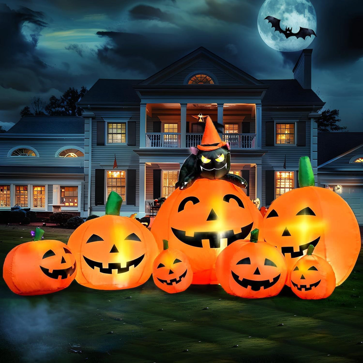 Inflatable Pumpkin with Witch's Cat and LED Lights for Outdoor Halloween Yard Decor