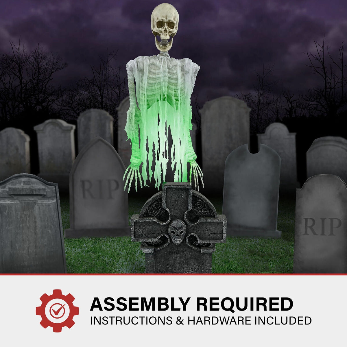 Haunted Hill Farm 5.8-Ft. Motion-Activated Floating Skeleton Ghost Over Tombstone by Tekky, Premium Halloween Animatronic, Battery Operated