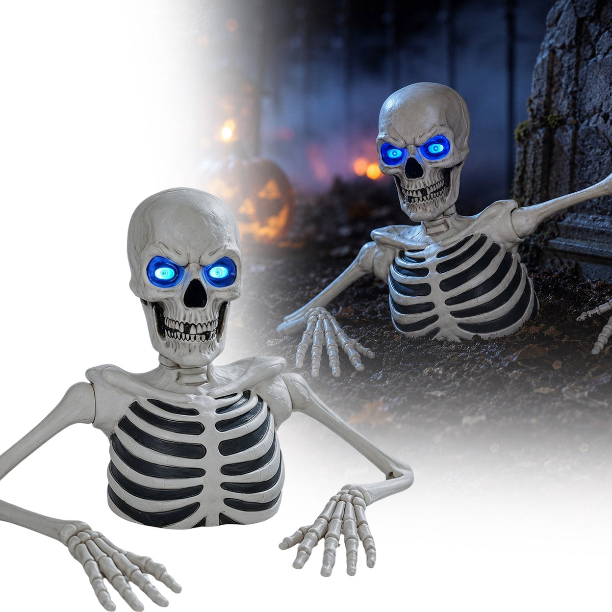 Halloween Groundbreaker Skeleton Statue, 11.8in Light Up Blue LED Eyes Skeleton Ground Breaker Outdoor Yard Lawn Porch Decor Gift