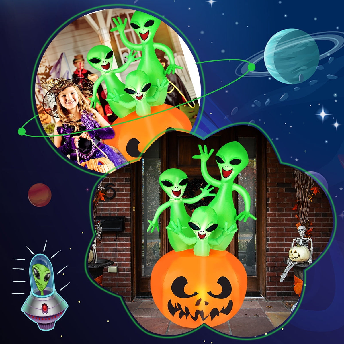 5.7FT Inflatable Halloween Inflatable Crawling Green Ghost with Tombstone Built-in LED Lights Inflatable LED Lights Blow Up Yard Decoration