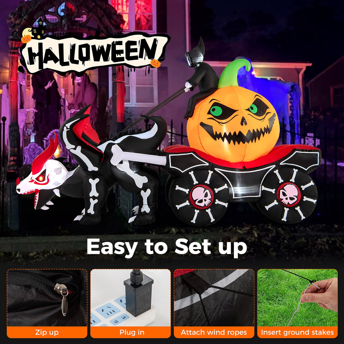 Gymax 9 FT Long Halloween Inflatable Decoration Grim Reaper Driving Pumpkin Carriage