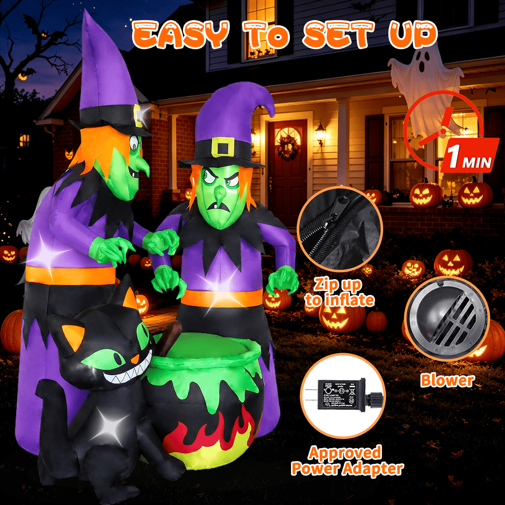 KINQUINN 6FT Halloween Inflatable 2 Witch with Cauldron and Cat Decoration Outdoor, Blow Up Witch with Build-in LEDs, Blow Up Yard Decoration Outdoor for Outside, Indoor, Lawn, Yard, Garden