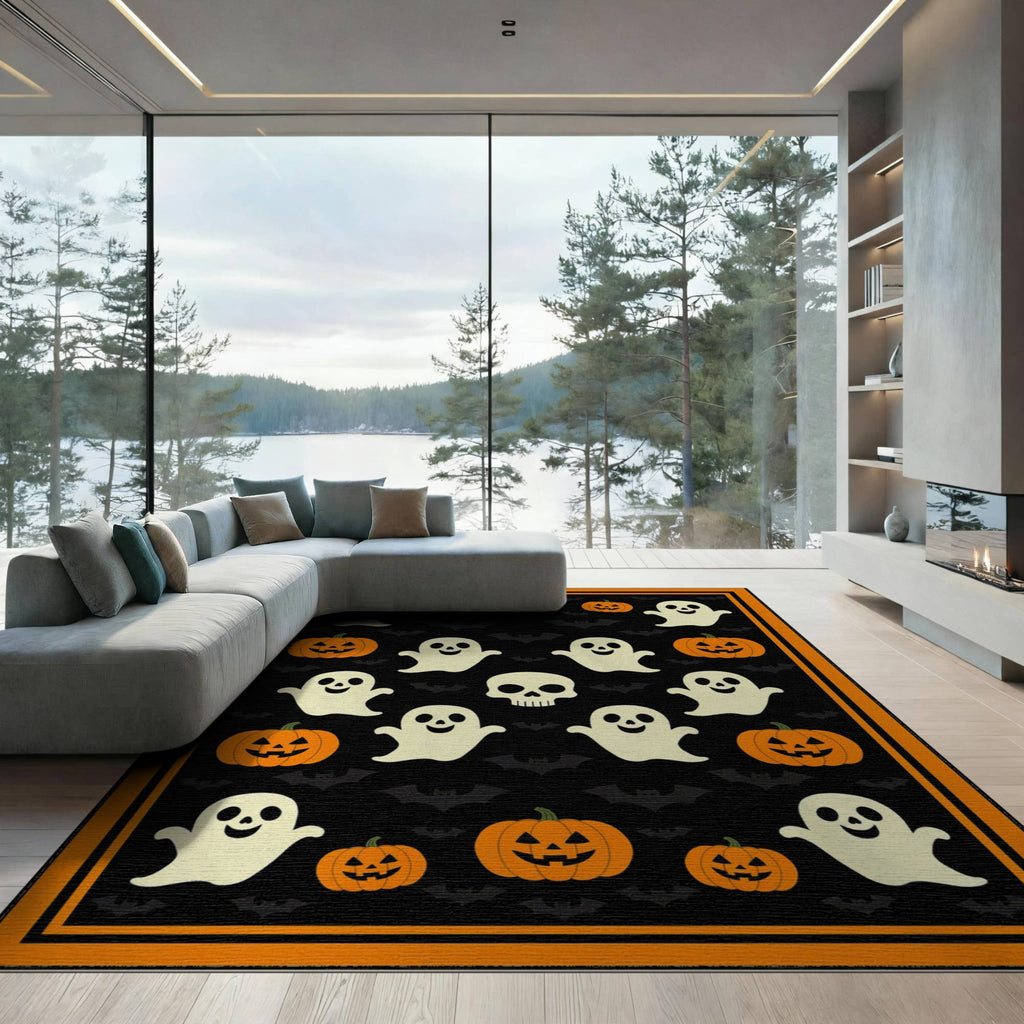 ODIKA 8'x10' Washable Area Rug Halloween Harvest Spirits Grinning Lantern Entrance Doormat Door for Living Room, Under Sectional, Family , Durable, Non-Slip