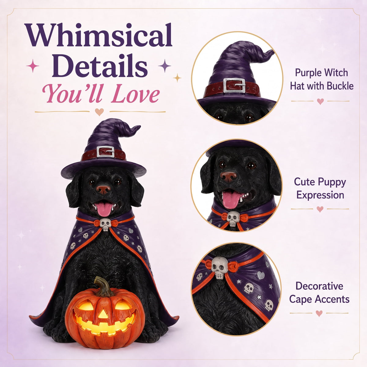 A7Store Halloween Golden Retrieve Dog Indoor Outdoor Porch Statue with Lighted Pumpkin, Pink Witch Hat and Cape