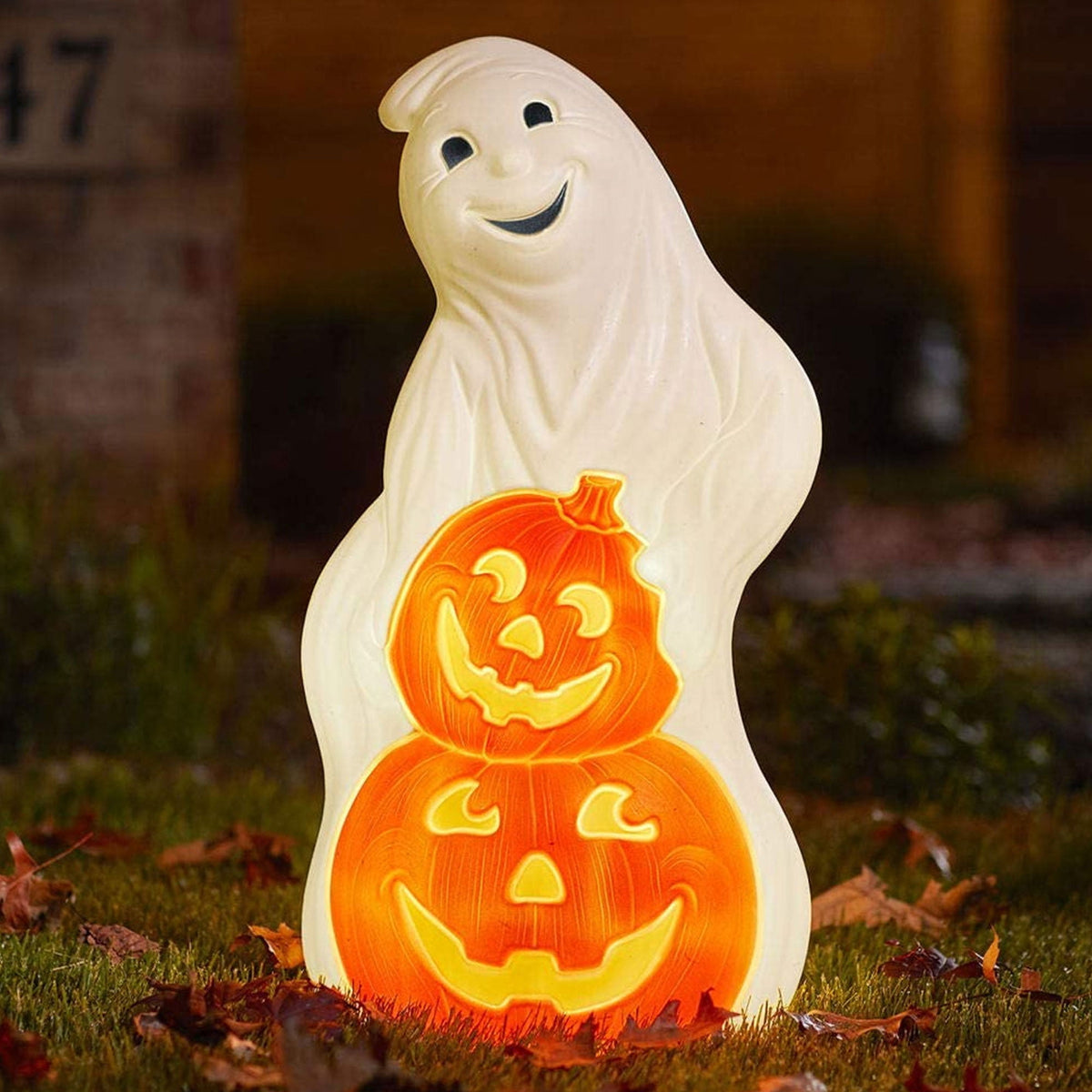 Union Products Light up Ghost and Pumpkin Halloween Decoration, Plastic, White/Orange (2 Pack)