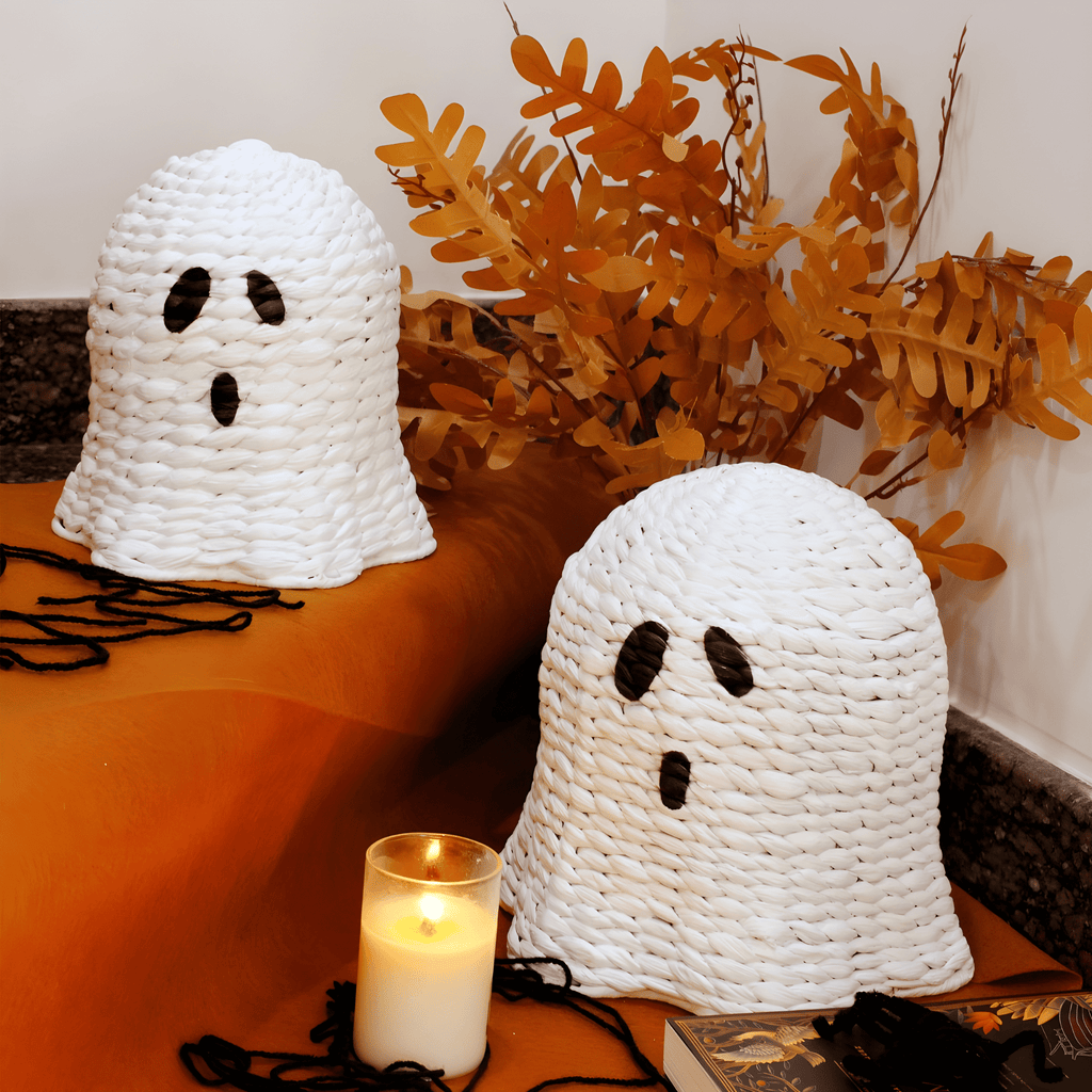 Set of 2 Handwoven White Ghost-Shaped Decorative Accents – Halloween Tabletop Décor