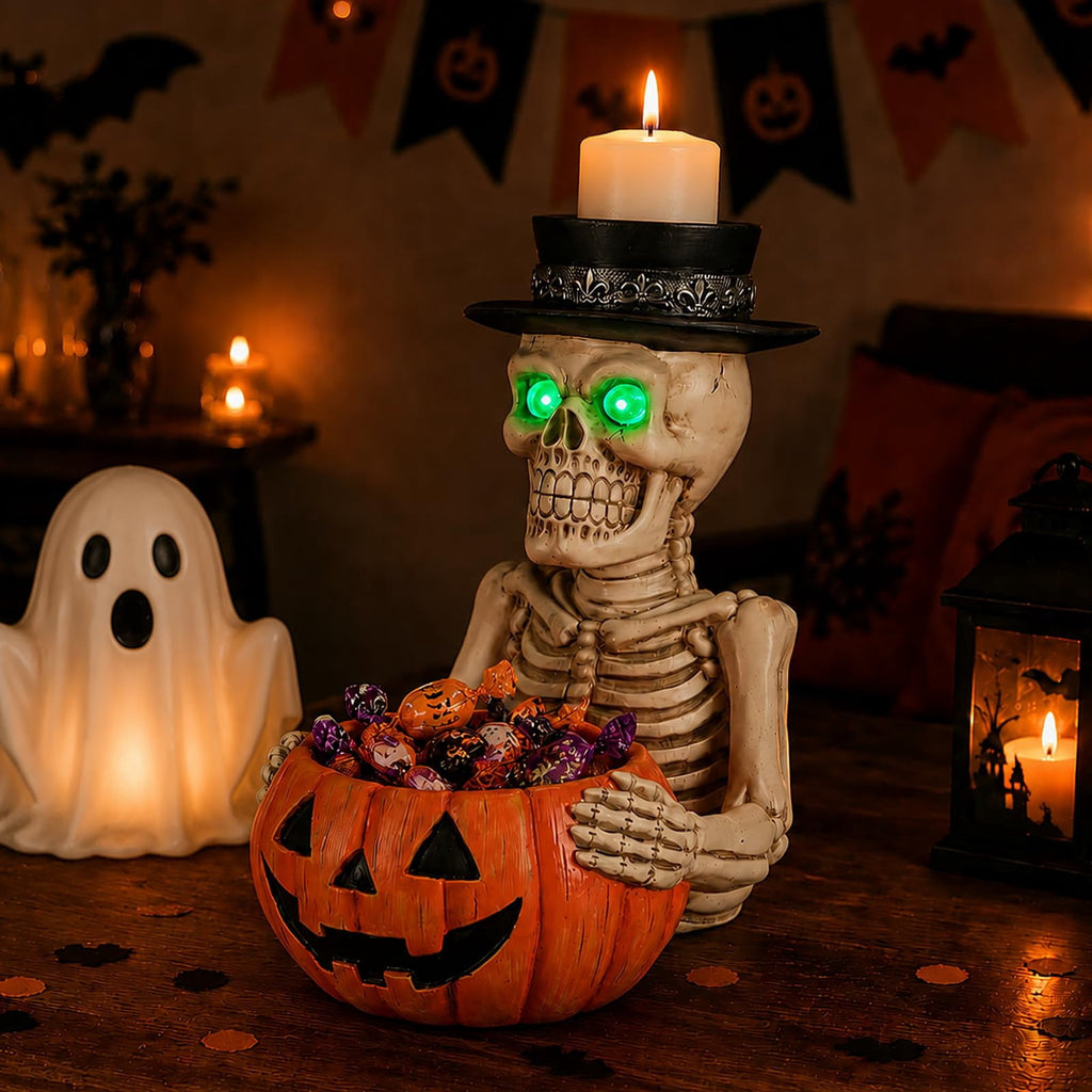 Halloween Ghost Statue with LED Glowing Eyes, Resin Ghost Figurine Tabletop Decor for Indoor Home, Mantel, Shelf, Entryway and Halloween Party Display