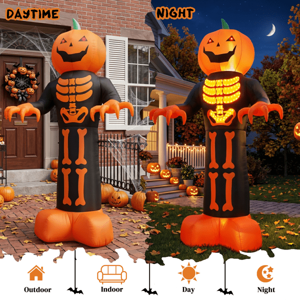 Alvantor 12 ft Pumpkin Head Skeleton Halloween Inflatable with LED and String Lights, Black and Orange