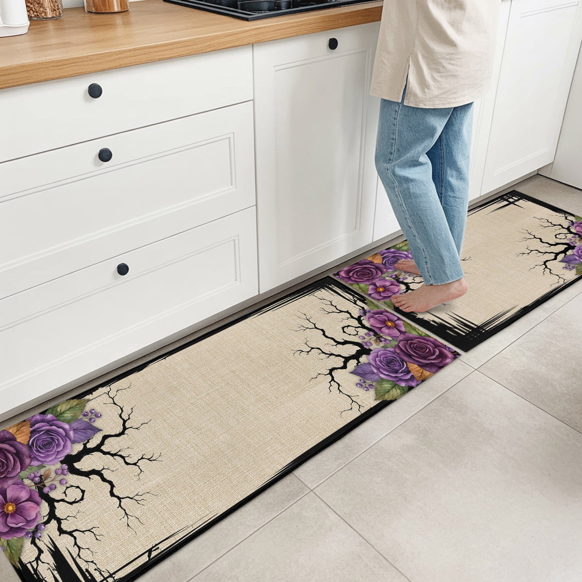Halloween 2 Pieces Non-Slip Kitchen Mat Set, Dark Romantic Vintage Purple Rose Goth Tree Linen Texture Soft Door Mat with Rubber Backing, Dirtproof Rugs for Entrance Doorway, 19.7x31.5in+19.7x47.2in