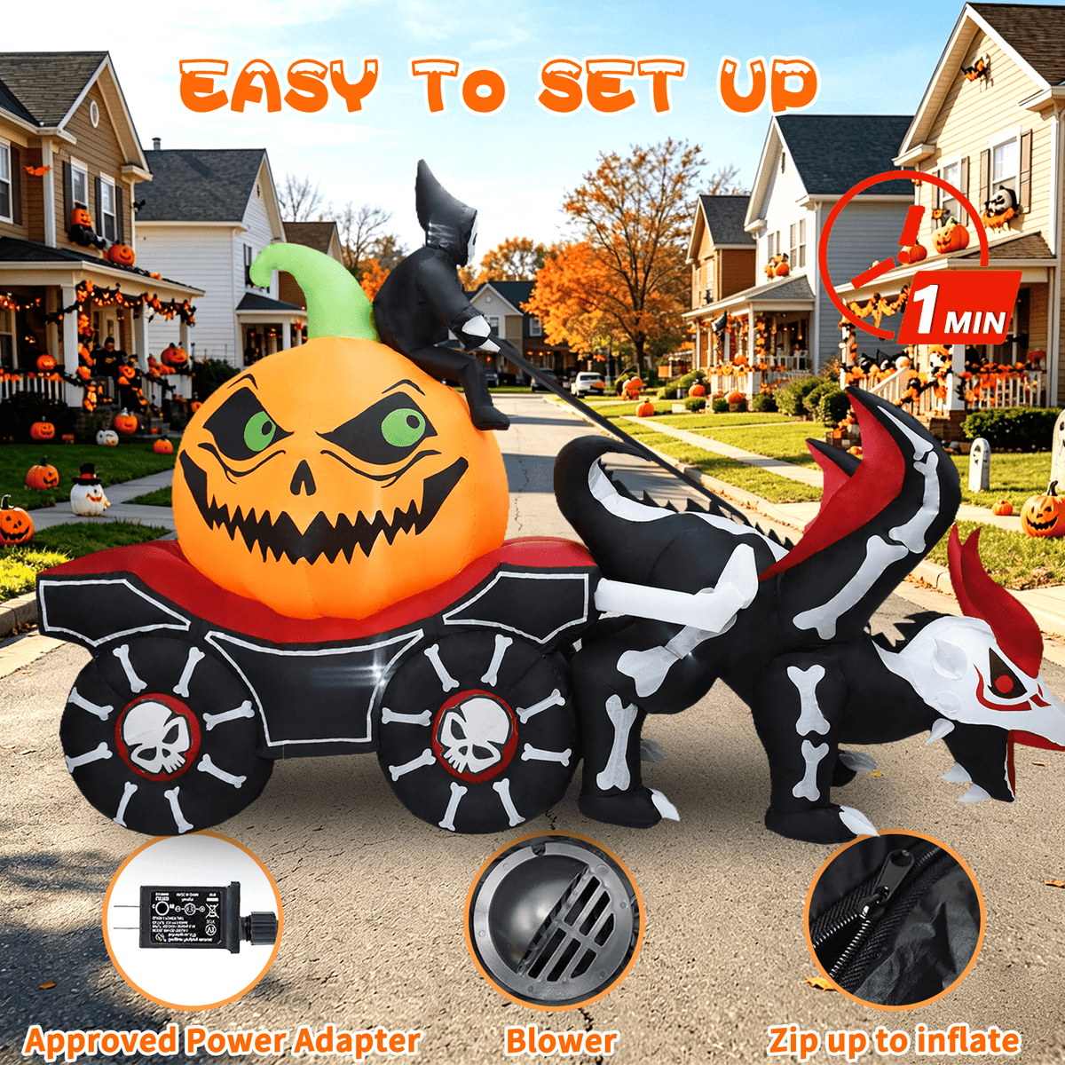 KINQUINN 9 FT Halloween Inflatable Dragon Pull Pumpkin Cart Outdoor Decorations, Blow Up Dragon with Build-in LEDs, Halloween Decorations for Yard Lawn Party Garden Outside Indoor Home Porch