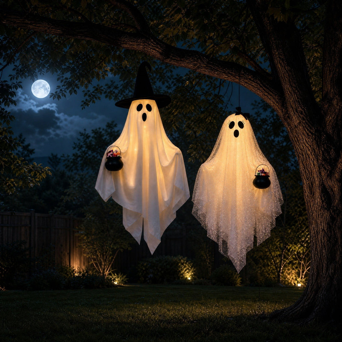 2 Pack Light Up Standing Tulle Ghost Halloween Decorations with Witch Hat, Warm LED Fairy Light Ghost Yard Stakes, Spooky Cute Ghost Outdoor Lawn Porch Mantel Home Halloween Party Decor