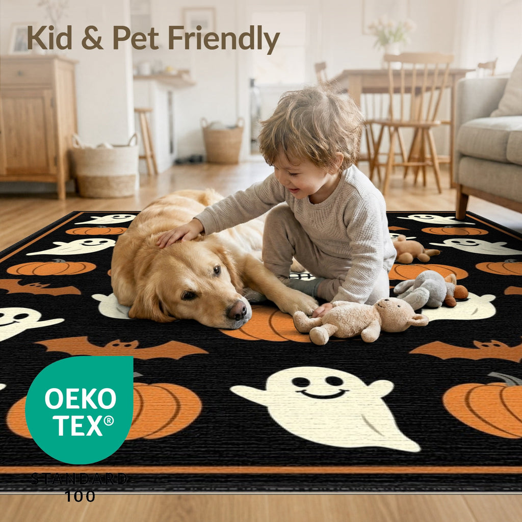 ODIKA 8'x10' Washable Area Rug Halloween Harvest Spirits Grinning Lantern Entrance Doormat Door for Living Room, Under Sectional, Family , Durable, Non-Slip
