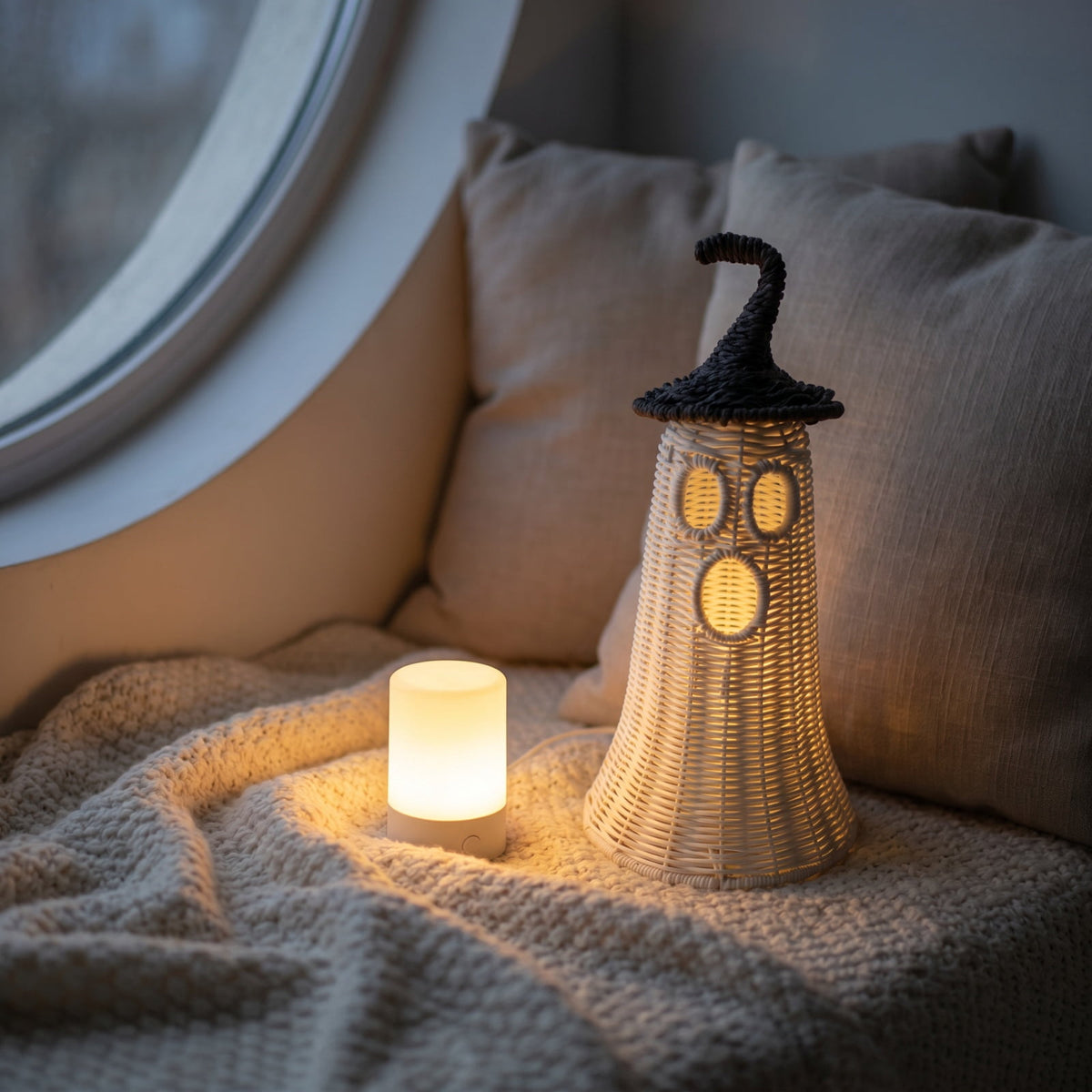 Wicker Ghost Halloween Decor with Witch Hat, Spooky Farmhouse Fall Tabletop Ornament, Hollow Handwoven White Ghost Figurine, Light Up Rustic Home Mantel Shelf Decor for Autumn Halloween Party