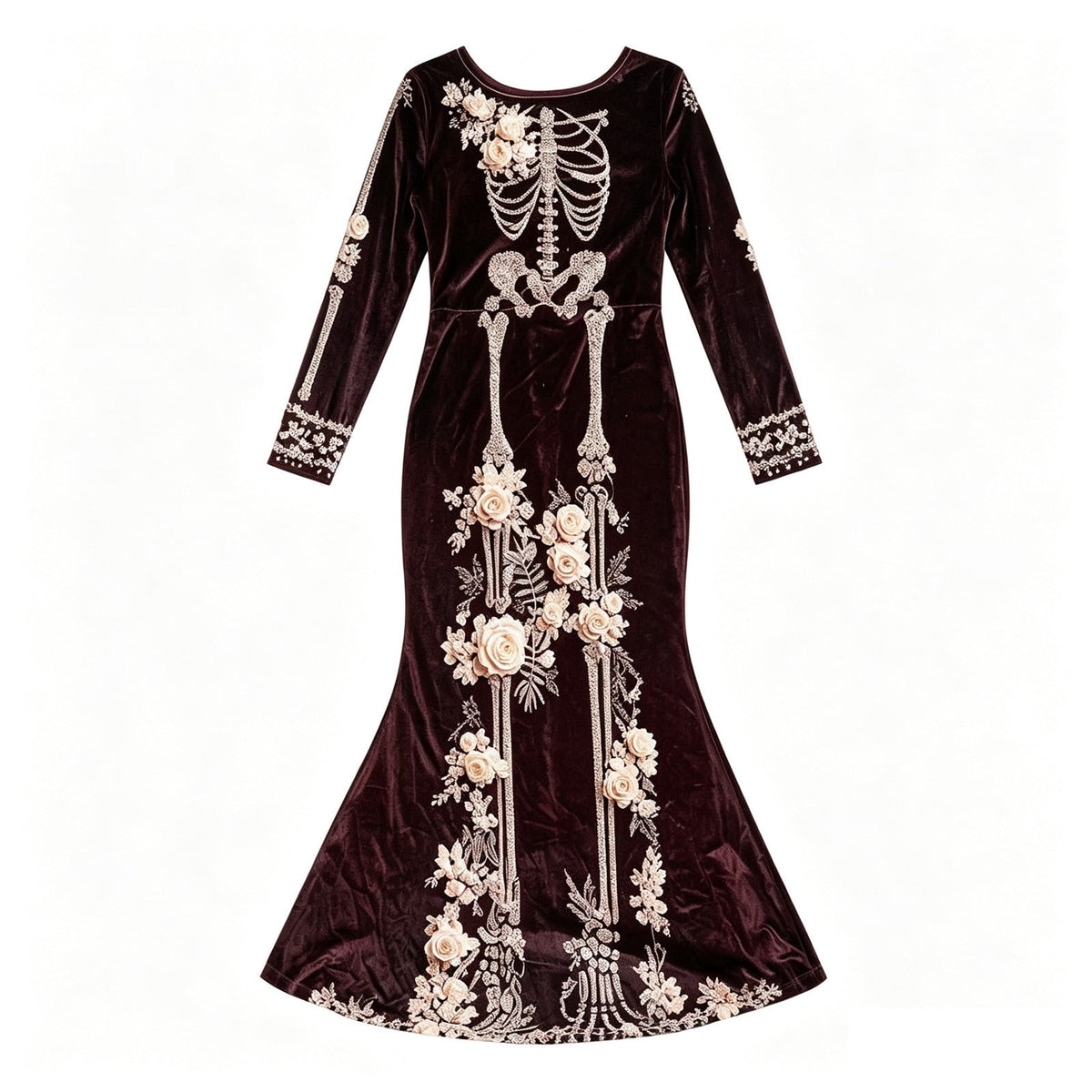 Women Halloween Skeleton Mermaid Dress, Velvet Long Sleeve Bodycon Gown with 3D Floral Appliques, Floor‑Trailing Gothic Costume for Party Cosplay L