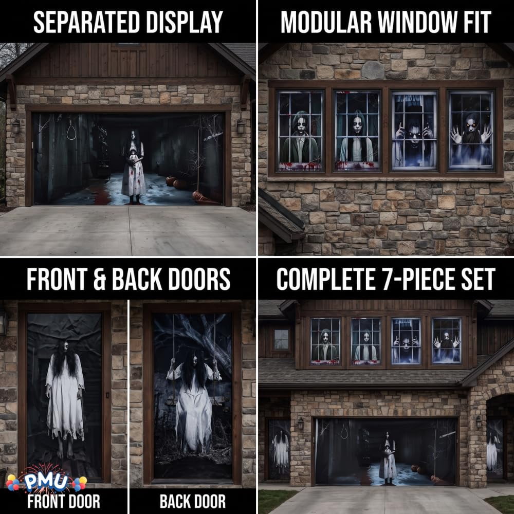 PMU 7-Piece Halloween Garage Door Cover Set, 16 x 7 ft, Skeleton Window & Door Decorations