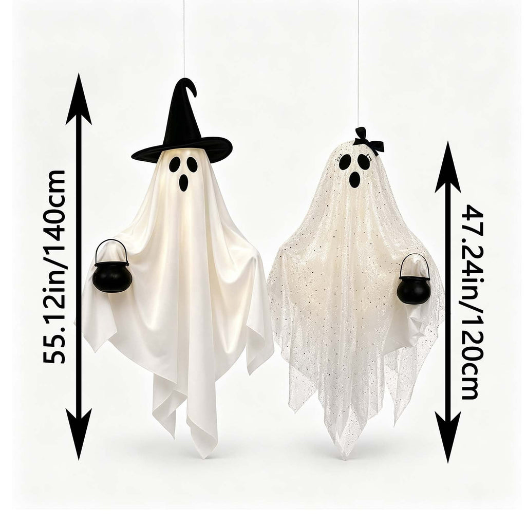 2 Pack Light Up Standing Tulle Ghost Halloween Decorations with Witch Hat, Warm LED Fairy Light Ghost Yard Stakes, Spooky Cute Ghost Outdoor Lawn Porch Mantel Home Halloween Party Decor