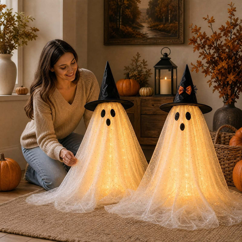 2 Pack Light Up Standing Tulle Ghost Halloween Decorations with Witch Hat, Warm LED Fairy Light Ghost Yard Stakes, Spooky Cute Ghost Outdoor Lawn Porch Mantel Home Halloween Party Decor