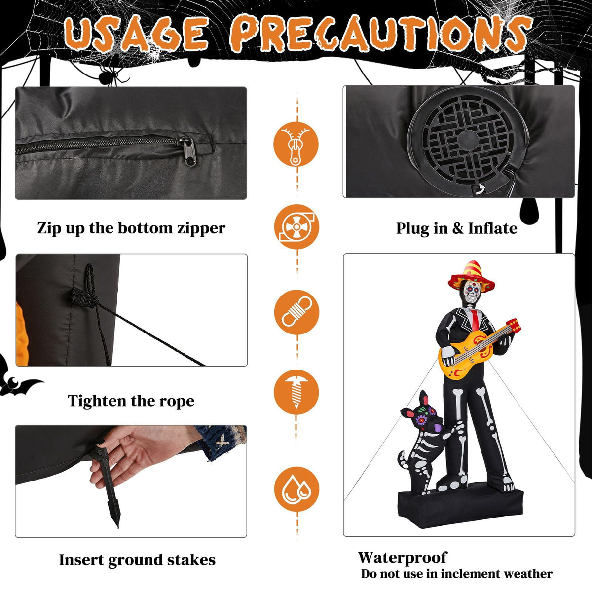 7.3FT Inflatable Ghost Musician with Puppet 6 LED Lights Black Orange Halloween Yard Decor