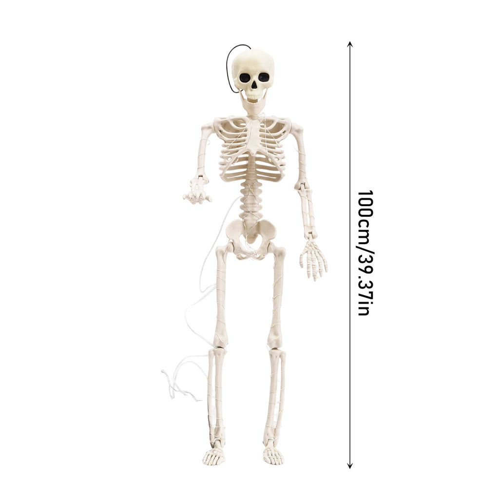 Halloween Light-Up Hanging Skeleton with Warm LED String Lights, 40" Glowing Full Body Plastic Skeleton Ornament with Movable Joints, Indoor Outdoor Halloween Porch Wall Party Decor